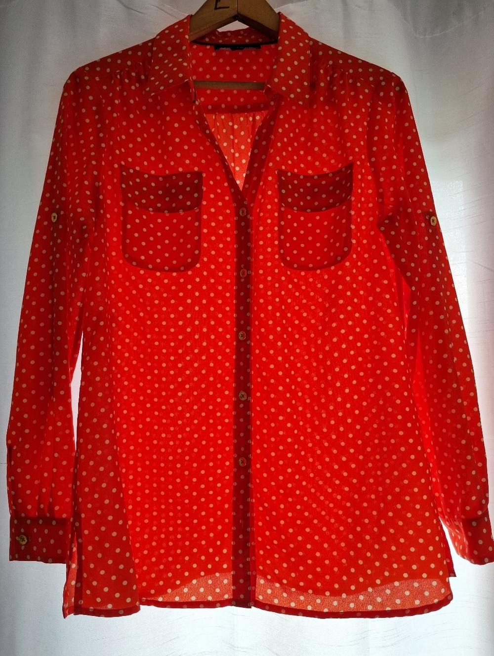 Jones New York Reddish/Orange and White Polka Dot Blouse, Size M